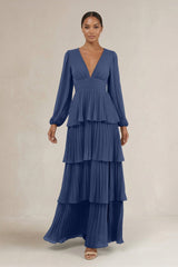 V - Neck Tiered A - Line Long Sleeve Bridesmaid Dress in Navy - KISS BRIDAL Bridesmaid Dresses