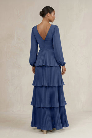 V - Neck Tiered A - Line Long Sleeve Bridesmaid Dress in Navy - SHE IS ME Bridesmaid Dresses