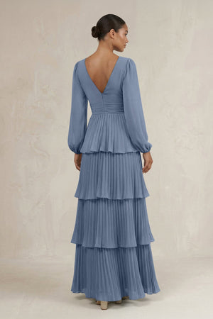 V - Neck Tiered A - Line Long Sleeve Bridesmaid Dress in Neptune - SHE IS ME Bridesmaid Dresses