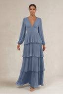 V - Neck Tiered A - Line Long Sleeve Bridesmaid Dress in Neptune - SHE IS ME Bridesmaid Dresses