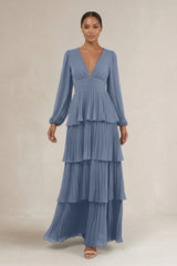 V - Neck Tiered A - Line Long Sleeve Bridesmaid Dress in Neptune - KISS BRIDAL Bridesmaid Dresses