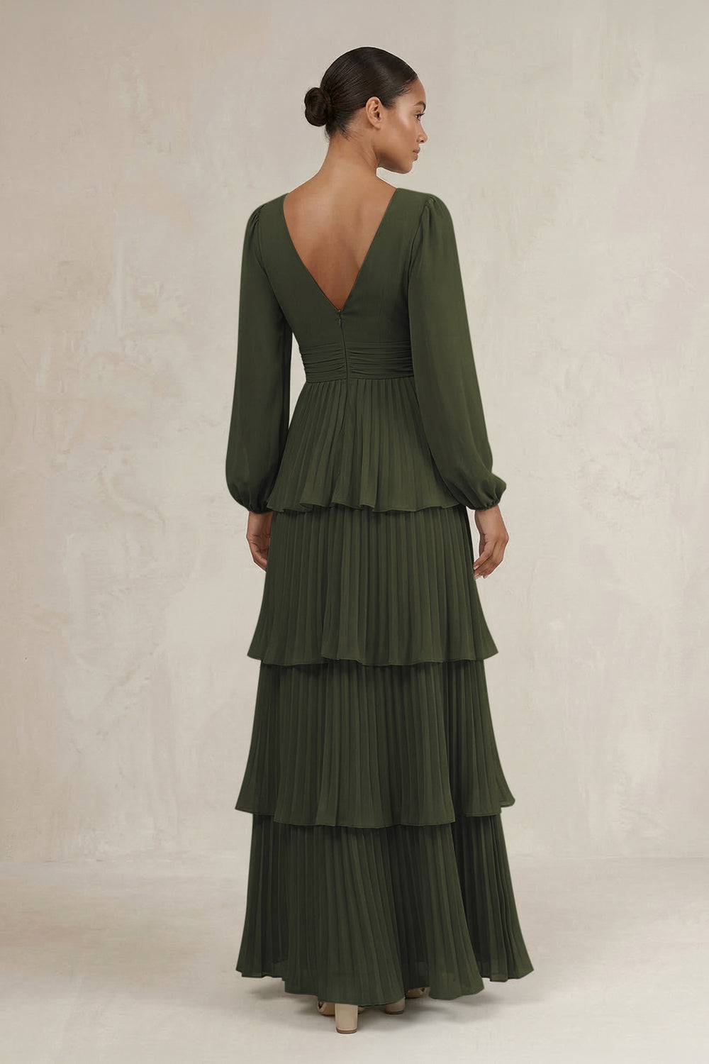 V-Neck Tiered A-Line Long Sleeve Bridesmaid Dress in Olive