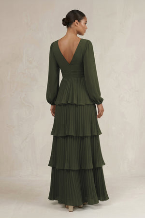V-Neck Tiered A-Line Long Sleeve Bridesmaid Dress in Olive (2) | KISSBRIDAL