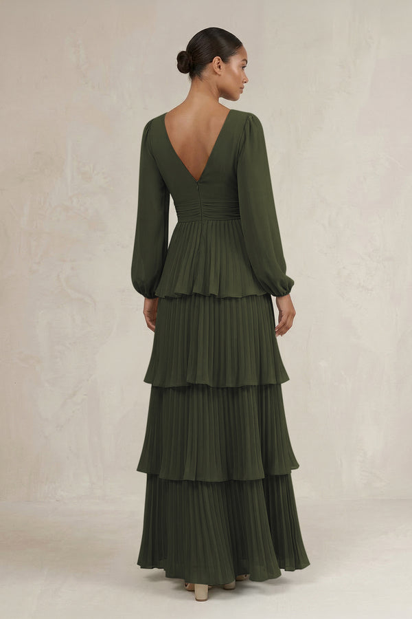 V-Neck Tiered A-Line Long Sleeve Bridesmaid Dress in Olive (2) | KISSBRIDAL