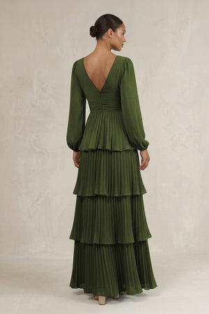V - Neck Tiered A - Line Long Sleeve Bridesmaid Dress in Olive - SHE IS ME Bridesmaid Dresses