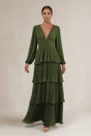 V - Neck Tiered A - Line Long Sleeve Bridesmaid Dress in Olive - SHE IS ME Bridesmaid Dresses