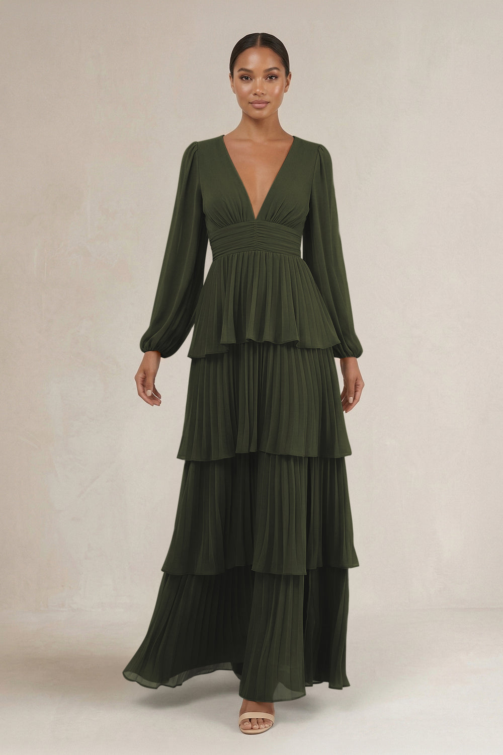 V-Neck Tiered A-Line Long Sleeve Bridesmaid Dress in Olive