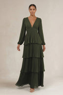 V-Neck Tiered A-Line Long Sleeve Bridesmaid Dress in Olive | KISSBRIDAL