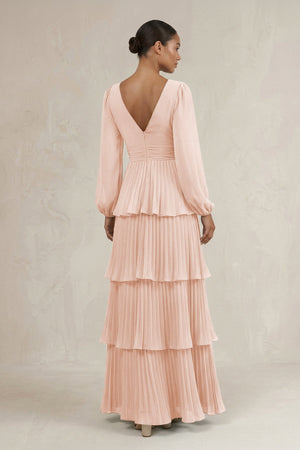 V - Neck Tiered A - Line Long Sleeve Bridesmaid Dress in Pale Blush - SHE IS ME Bridesmaid Dresses