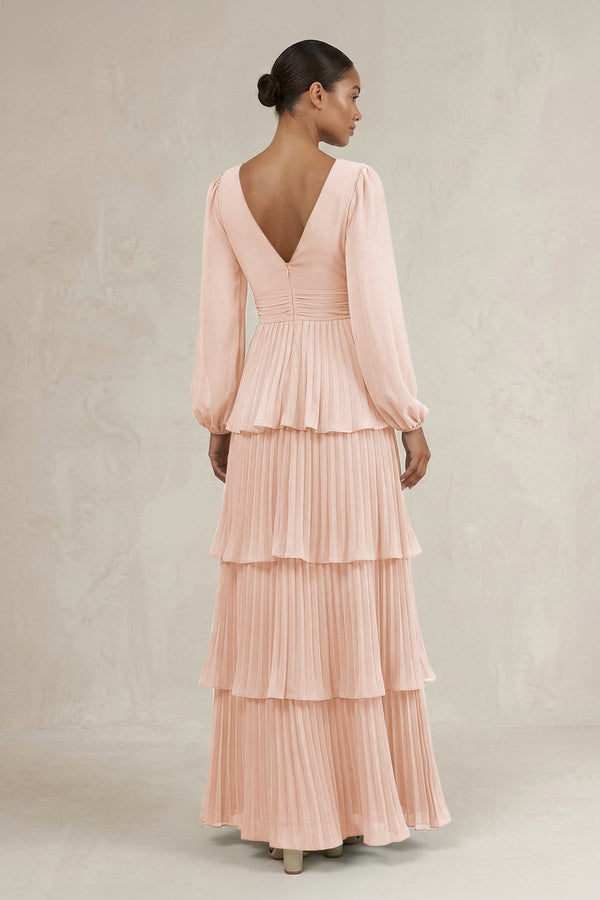 V - Neck Tiered A - Line Long Sleeve Bridesmaid Dress in Pale Blush - SHE IS ME Bridesmaid Dresses