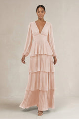 V - Neck Tiered A - Line Long Sleeve Bridesmaid Dress in Pale Blush - KISS BRIDAL Bridesmaid Dresses
