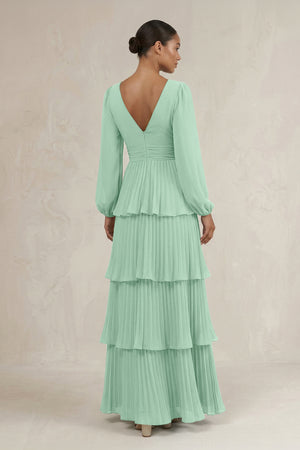 V-Neck Tiered A-Line Long Sleeve Bridesmaid Dress in Pale Pistachio (2) | KISSBRIDAL