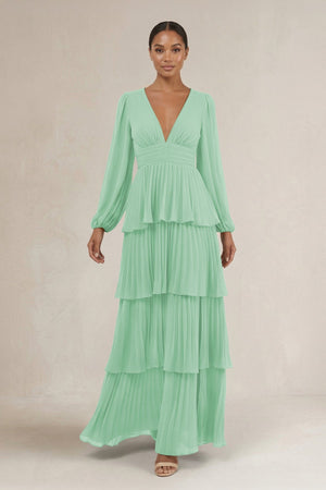 V - Neck Tiered A - Line Long Sleeve Bridesmaid Dress in Pale Pistachio - SHE IS ME Bridesmaid Dresses