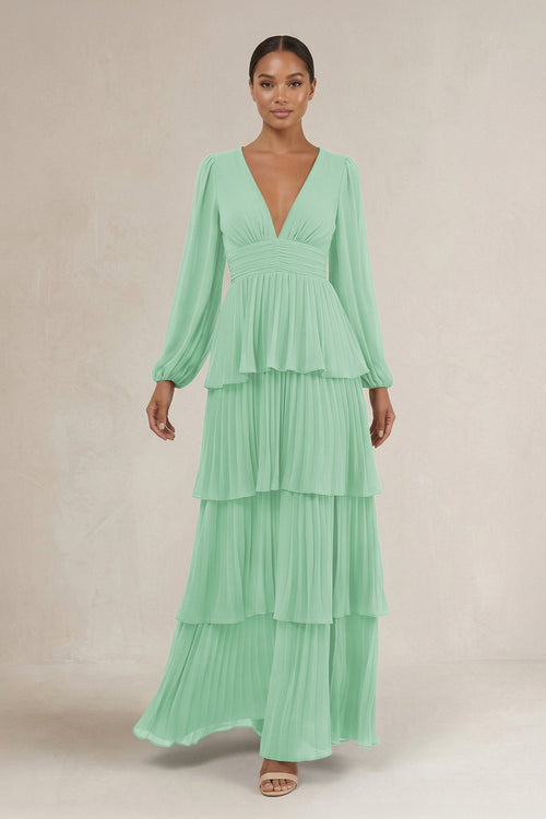 V - Neck Tiered A - Line Long Sleeve Bridesmaid Dress in Pale Pistachio - SHE IS ME Bridesmaid Dresses