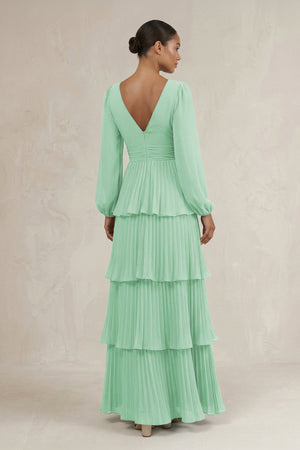 V - Neck Tiered A - Line Long Sleeve Bridesmaid Dress in Pale Pistachio - SHE IS ME Bridesmaid Dresses
