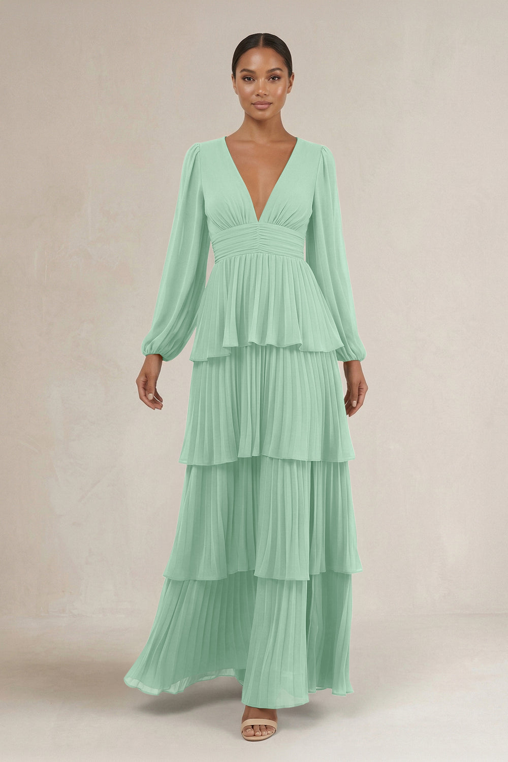 V-Neck Tiered A-Line Long Sleeve Bridesmaid Dress in Pale Pistachio