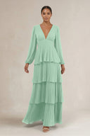 V-Neck Tiered A-Line Long Sleeve Bridesmaid Dress in Pale Pistachio | KISSBRIDAL