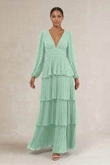 V-Neck Tiered A-Line Long Sleeve Bridesmaid Dress in Pale Pistachio | KISSBRIDAL