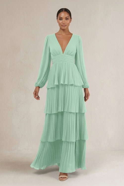 V-Neck Tiered A-Line Long Sleeve Bridesmaid Dress in Pale Pistachio | KISSBRIDAL
