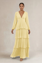 V - Neck Tiered A - Line Long Sleeve Bridesmaid Dress in Pastel Yellow - KISS BRIDAL Bridesmaid Dresses