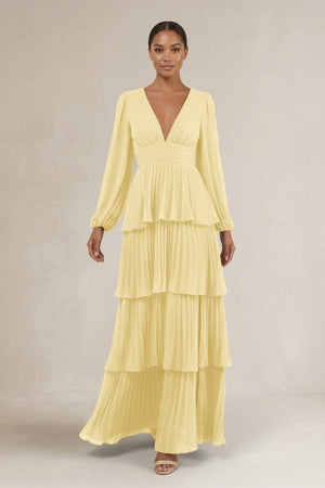V - Neck Tiered A - Line Long Sleeve Bridesmaid Dress in Pastel Yellow - SHE IS ME Bridesmaid Dresses
