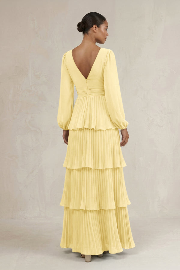 V - Neck Tiered A - Line Long Sleeve Bridesmaid Dress in Pastel Yellow - SHE IS ME Bridesmaid Dresses