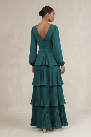V - Neck Tiered A - Line Long Sleeve Bridesmaid Dress in Pine - SHE IS ME Bridesmaid Dresses