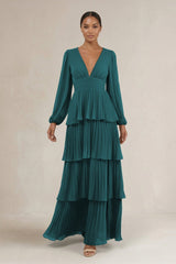 V - Neck Tiered A - Line Long Sleeve Bridesmaid Dress in Pine - KISS BRIDAL Bridesmaid Dresses