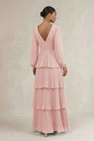 V-Neck Tiered A-Line Long Sleeve Bridesmaid Dress in Rose Petal (2) | KISSBRIDAL