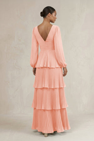 V - Neck Tiered A - Line Long Sleeve Bridesmaid Dress in Rose Petal - SHE IS ME Bridesmaid Dresses