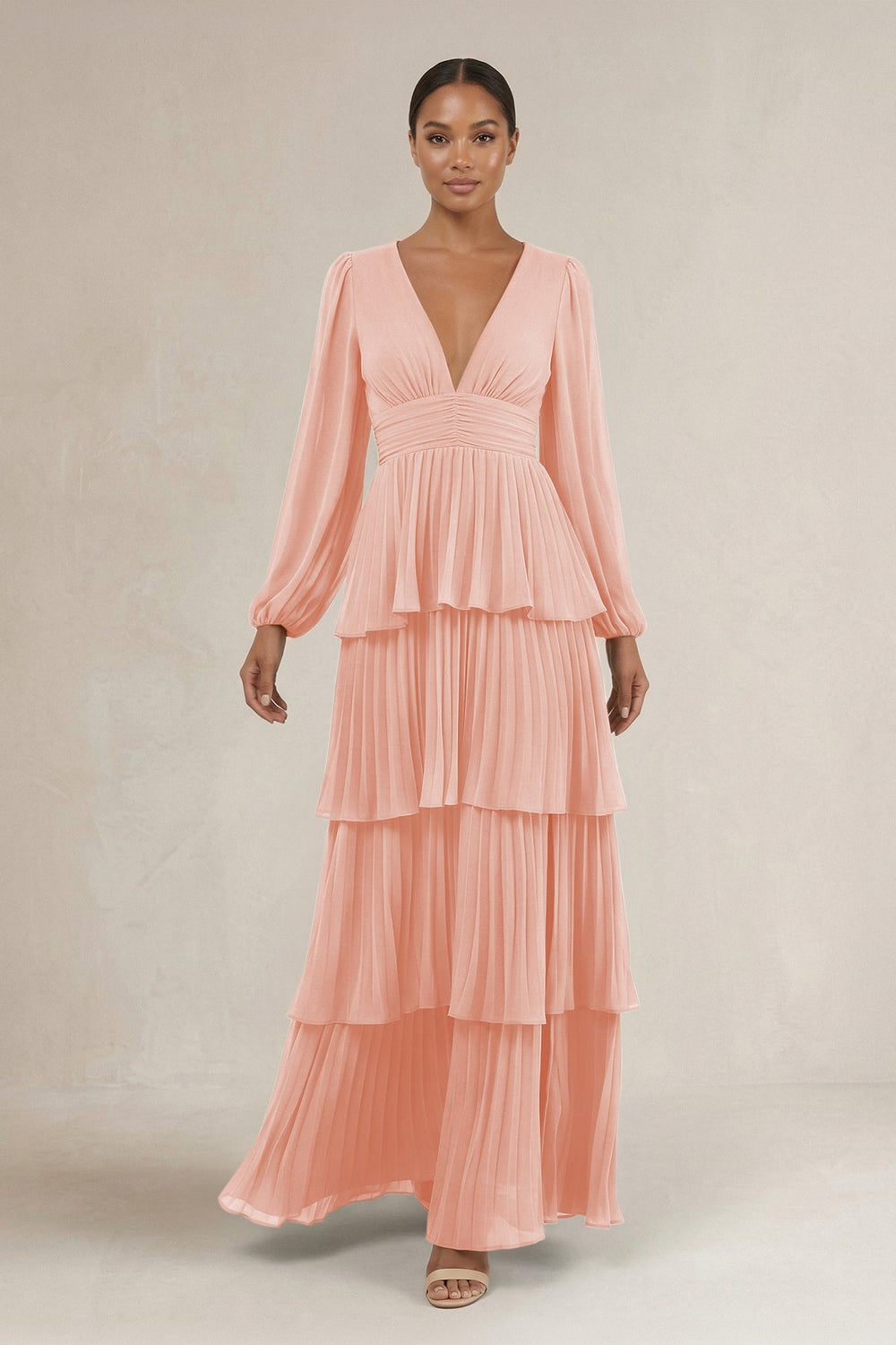 V - Neck Tiered A - Line Long Sleeve Bridesmaid Dress in Rose Petal - KISS BRIDAL Bridesmaid Dresses