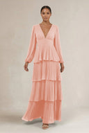 V - Neck Tiered A - Line Long Sleeve Bridesmaid Dress in Rose Petal - SHE IS ME Bridesmaid Dresses