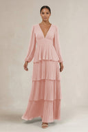 V-Neck Tiered A-Line Long Sleeve Bridesmaid Dress in Rose Petal | KISSBRIDAL