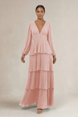 V-Neck Tiered A-Line Long Sleeve Bridesmaid Dress in Rose Petal | KISSBRIDAL