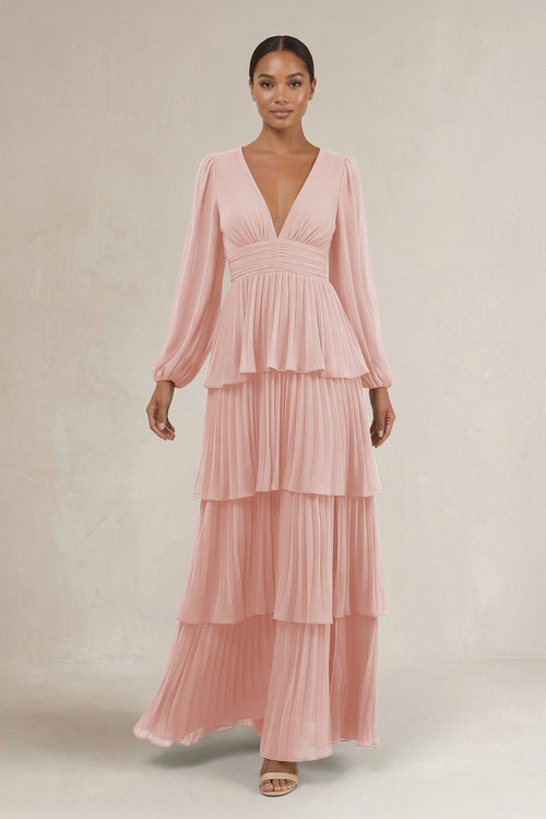 V-Neck Tiered A-Line Long Sleeve Bridesmaid Dress in Rose Petal | KISSBRIDAL