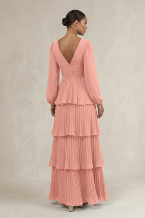 V-Neck Tiered A-Line Long Sleeve Bridesmaid Dress in Rosette (2) | KISSBRIDAL