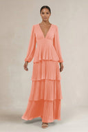 V - Neck Tiered A - Line Long Sleeve Bridesmaid Dress in Rosette - SHE IS ME Bridesmaid Dresses