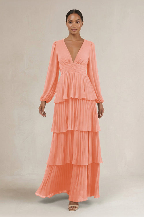 V - Neck Tiered A - Line Long Sleeve Bridesmaid Dress in Rosette - SHE IS ME Bridesmaid Dresses