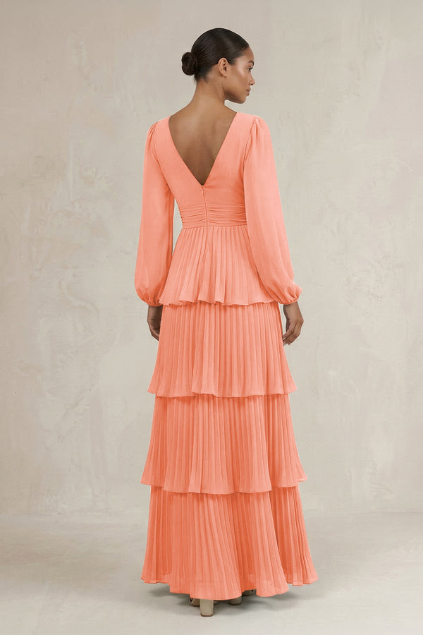 V - Neck Tiered A - Line Long Sleeve Bridesmaid Dress in Rosette - SHE IS ME Bridesmaid Dresses
