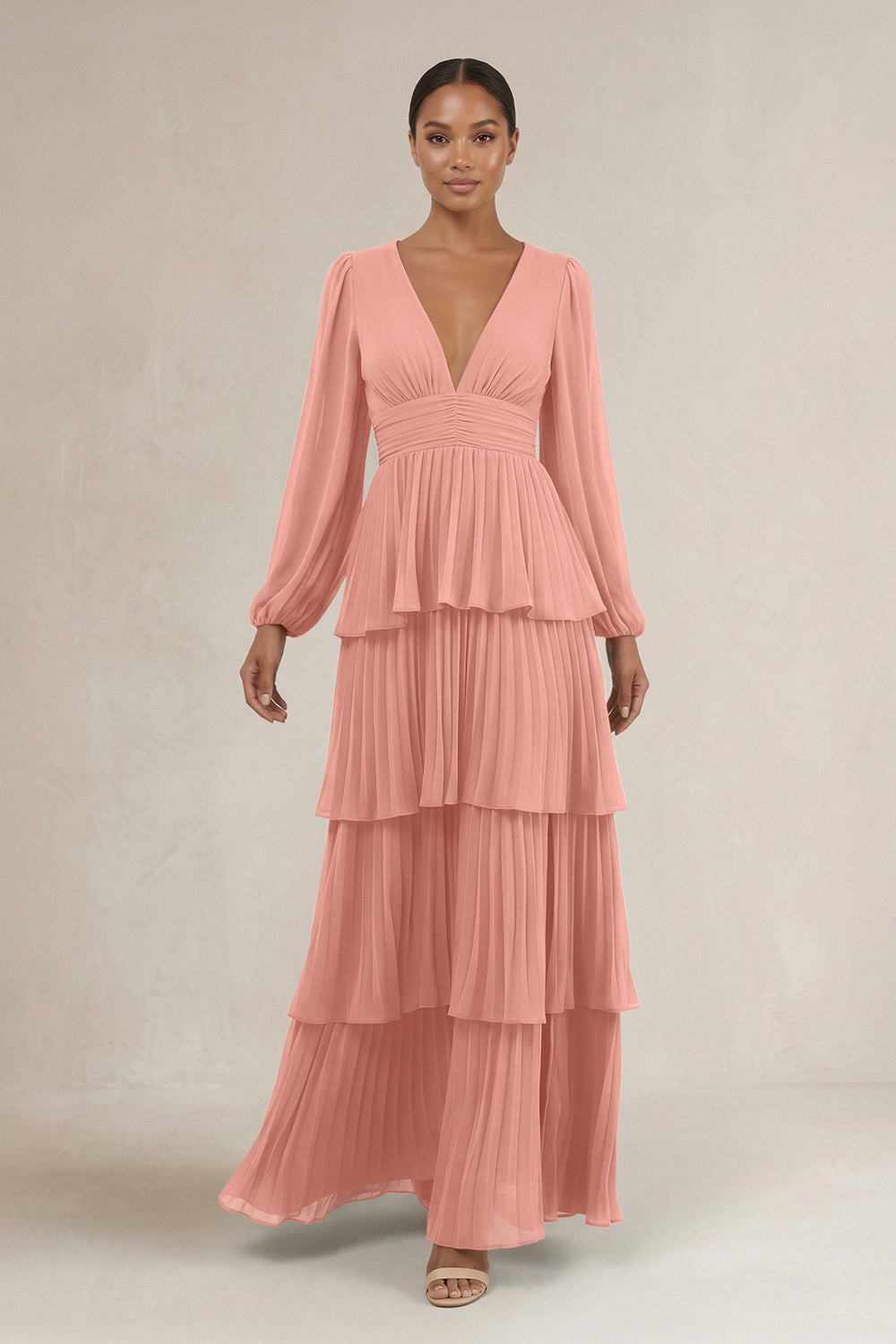 V-Neck Tiered A-Line Long Sleeve Bridesmaid Dress in Rosette