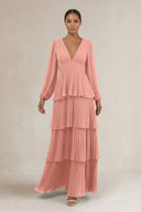 V-Neck Tiered A-Line Long Sleeve Bridesmaid Dress in Rosette | KISSBRIDAL