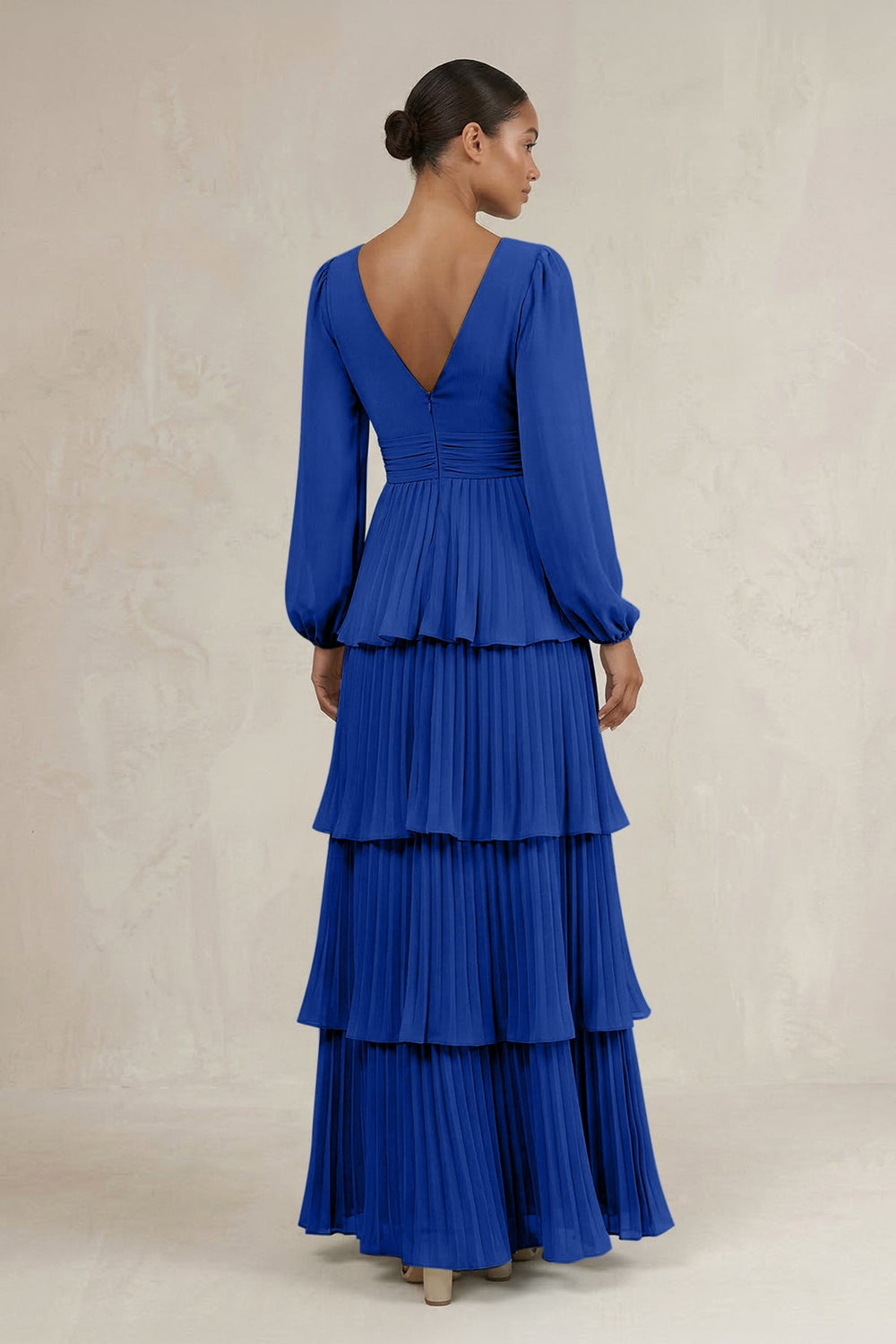 V - Neck Tiered A - Line Long Sleeve Bridesmaid Dress in Royal Blue - KISS BRIDAL Bridesmaid Dresses