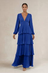 V - Neck Tiered A - Line Long Sleeve Bridesmaid Dress in Royal Blue - KISS BRIDAL Bridesmaid Dresses