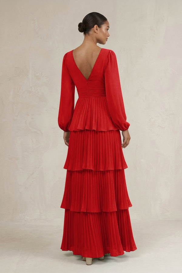 V - Neck Tiered A - Line Long Sleeve Bridesmaid Dress in Ruby Red - SHE IS ME Bridesmaid Dresses