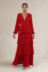 V - Neck Tiered A - Line Long Sleeve Bridesmaid Dress in Ruby Red - KISS BRIDAL Bridesmaid Dresses