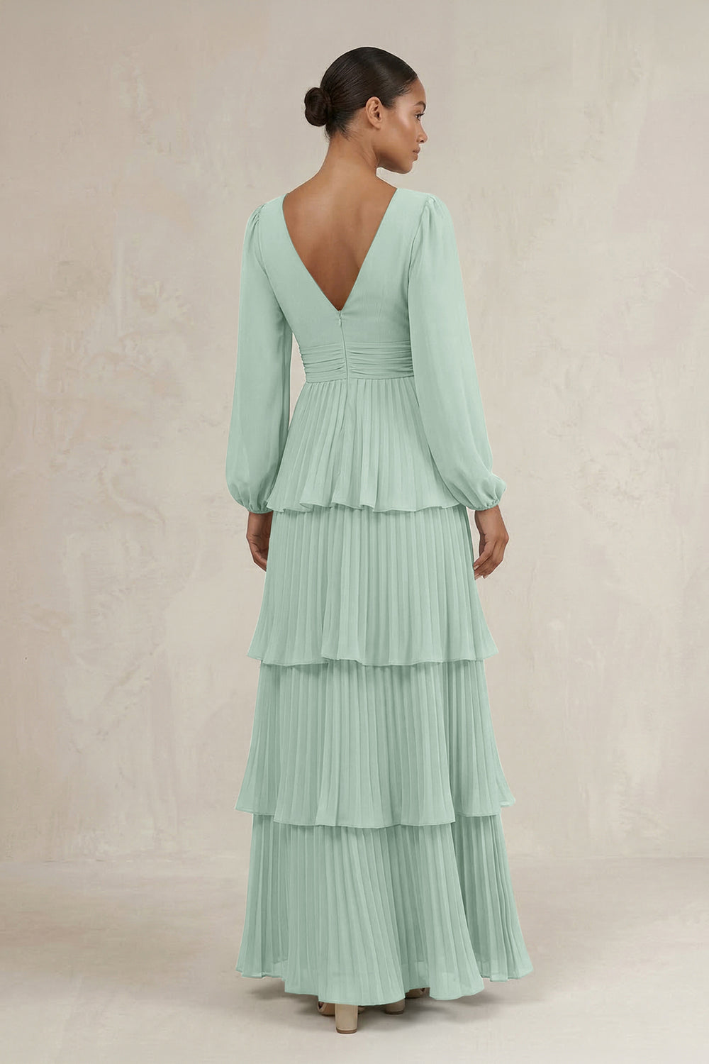 V-Neck Tiered A-Line Long Sleeve Bridesmaid Dress in Sage