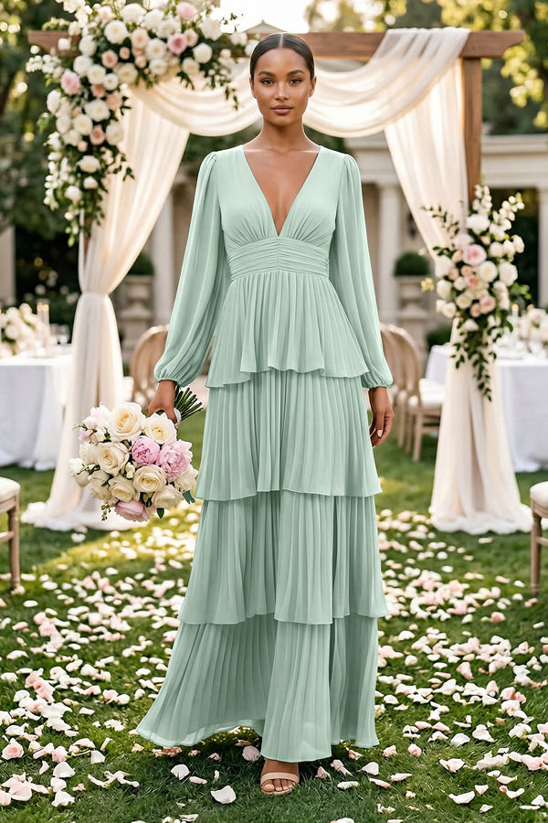 V-Neck Tiered A-Line Long Sleeve Bridesmaid Dress in Sage (3) | KISSBRIDAL