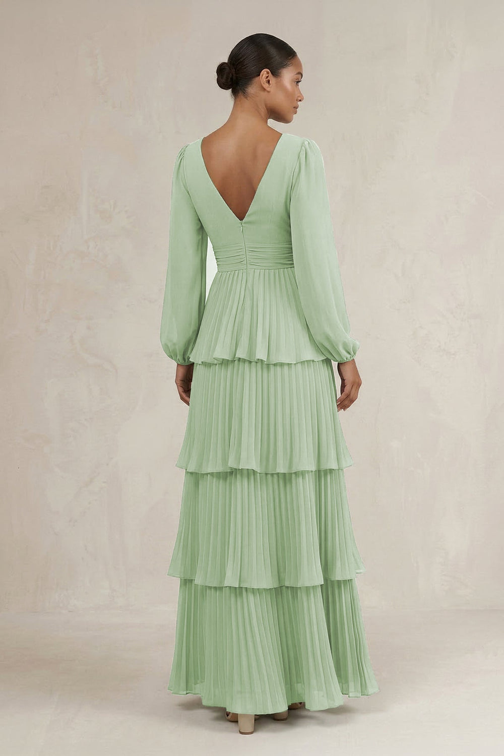 V - Neck Tiered A - Line Long Sleeve Bridesmaid Dress in Sage - SHE IS ME Bridesmaid Dresses