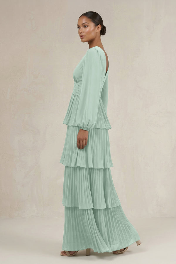 V-Neck Tiered A-Line Long Sleeve Bridesmaid Dress in Sage (4) | KISSBRIDAL