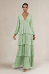 V - Neck Tiered A - Line Long Sleeve Bridesmaid Dress in Sage - KISS BRIDAL Bridesmaid Dresses